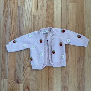 Pink Cardigan with Strawberry and Flower Embroidery